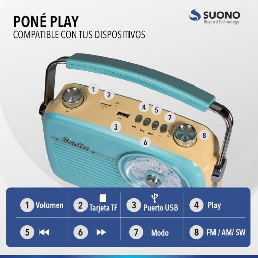 Radio Parlante Bluetooth Vintage  BT Celeste - Suono AYV0253 - Imagen 2