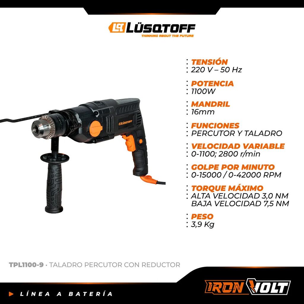 Taladro Percutor Eléctrico Profesional - Lusqtoff Tpl1100-9 - Imagen 2
