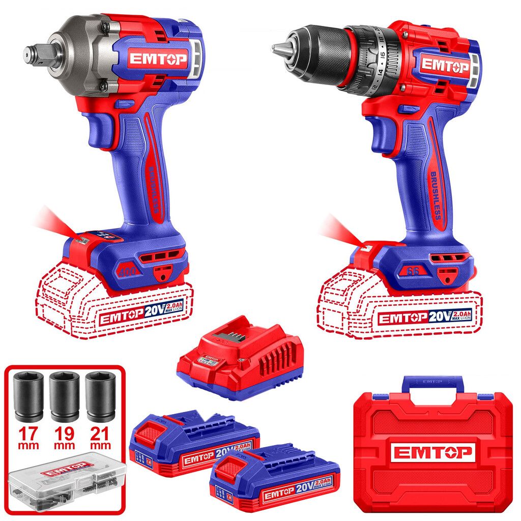 Combo Inalámbrico 20V Taladro de Impacto + Llave de Impacto + Cargador + 2 Baterías - Emtop EMTECKL20275-4