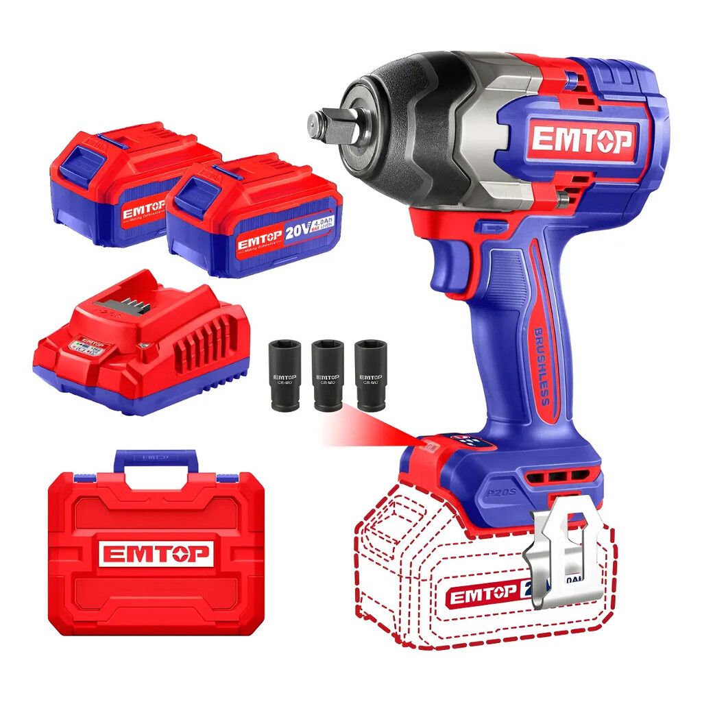 Llave de Impacto Inalámbrico Brushless 20V 850Nm + 2 Baterías 4.0 Ah + Cargador + Accesorios - Emtop EMTECIWL2085-4