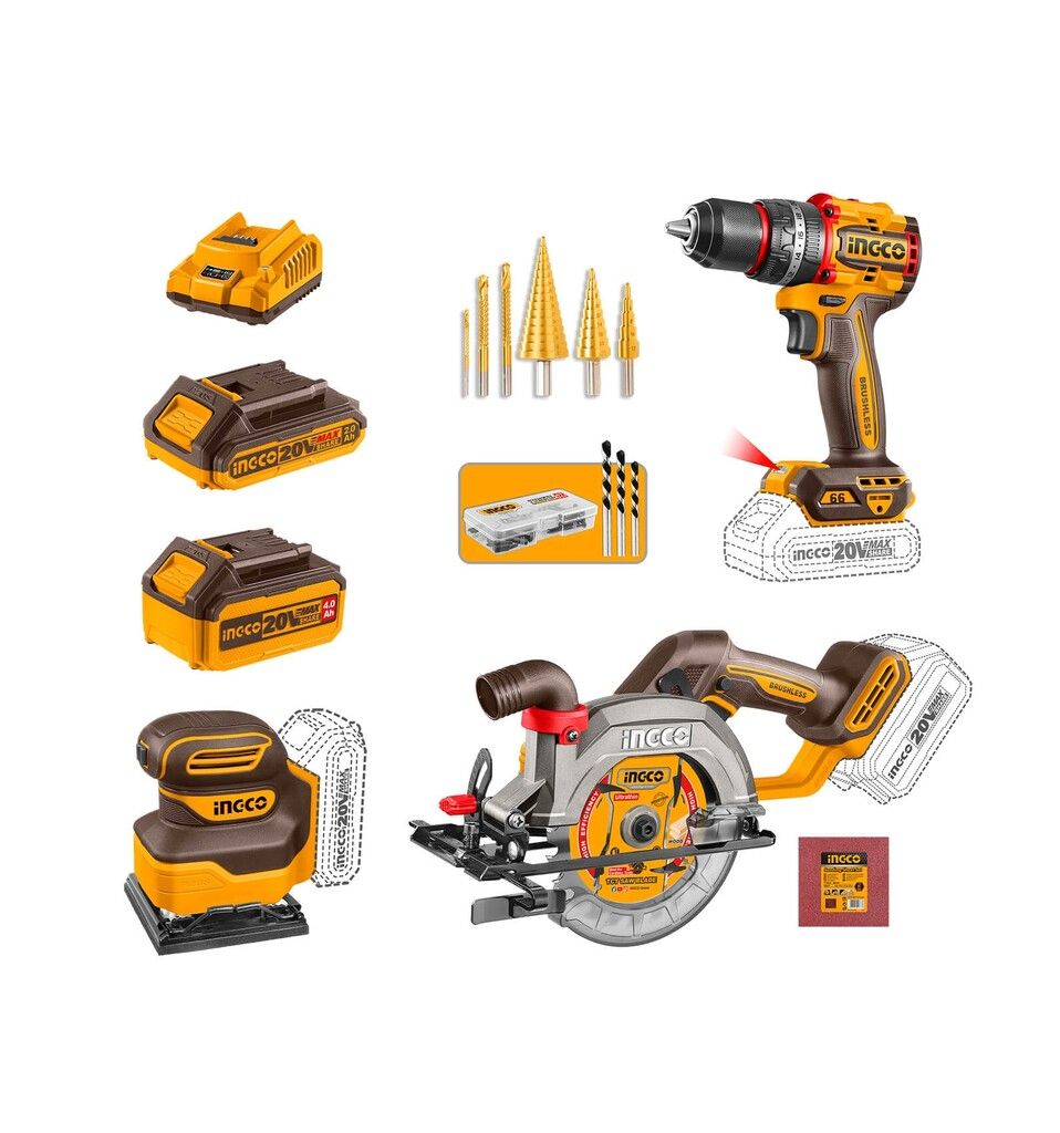 combo ingco cosli241193-4 herramientas 20v brushless taladro sierra lijadora ferromar