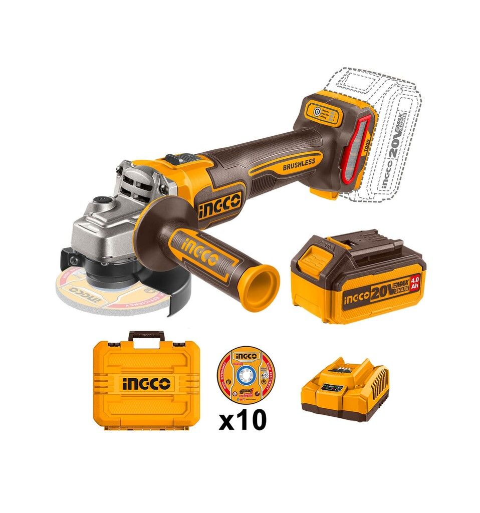 CAGLI271532-4 Amoladora Angular 4 1/2'' 115MM 1000W (P20S) 20V sin Carbones + 2 Baterias 4Ah + Cargador 4Ah Industrial - Ingco 700942
