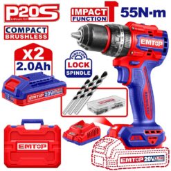 Taladro de Impacto Inalambrico Brushless 20V + Cargador (EFCR20200-4) + 2 Baterias 2.0Ah (EBPK20011) - Emtop EMTECIDL20558-4