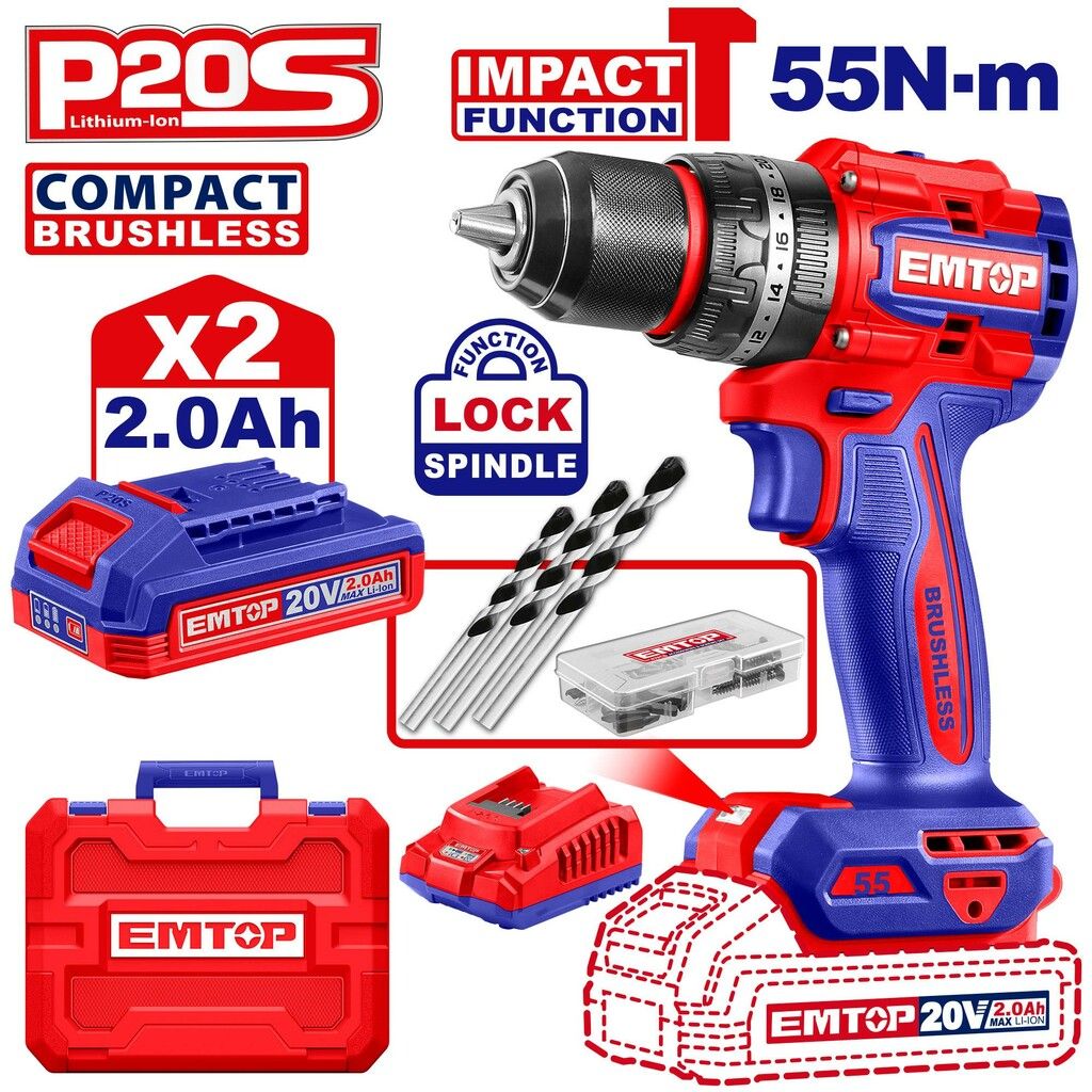 Taladro de Impacto Inalambrico Brushless 20V + Cargador (EFCR20200-4) + 2 Baterias 2.0Ah (EBPK20011) - Emtop EMTECIDL20558-4