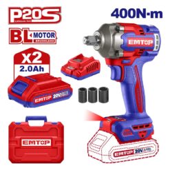 Llave de Impacto Inalámbrico Brushless 20V 400Nm + 2 Baterías 2.0 Ah + Cargador + Accesorios - Emtop EMTECIWL2040-4