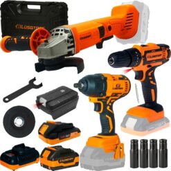 Pack Racing a Bateria Amoladora Angular 115mm (AML115-8BK) + Taladro con Percutor (ATL18-8) + Llave de Impacto (LIL600-8BK) + Linterna Adaptador USB (LAUSB-8B)
