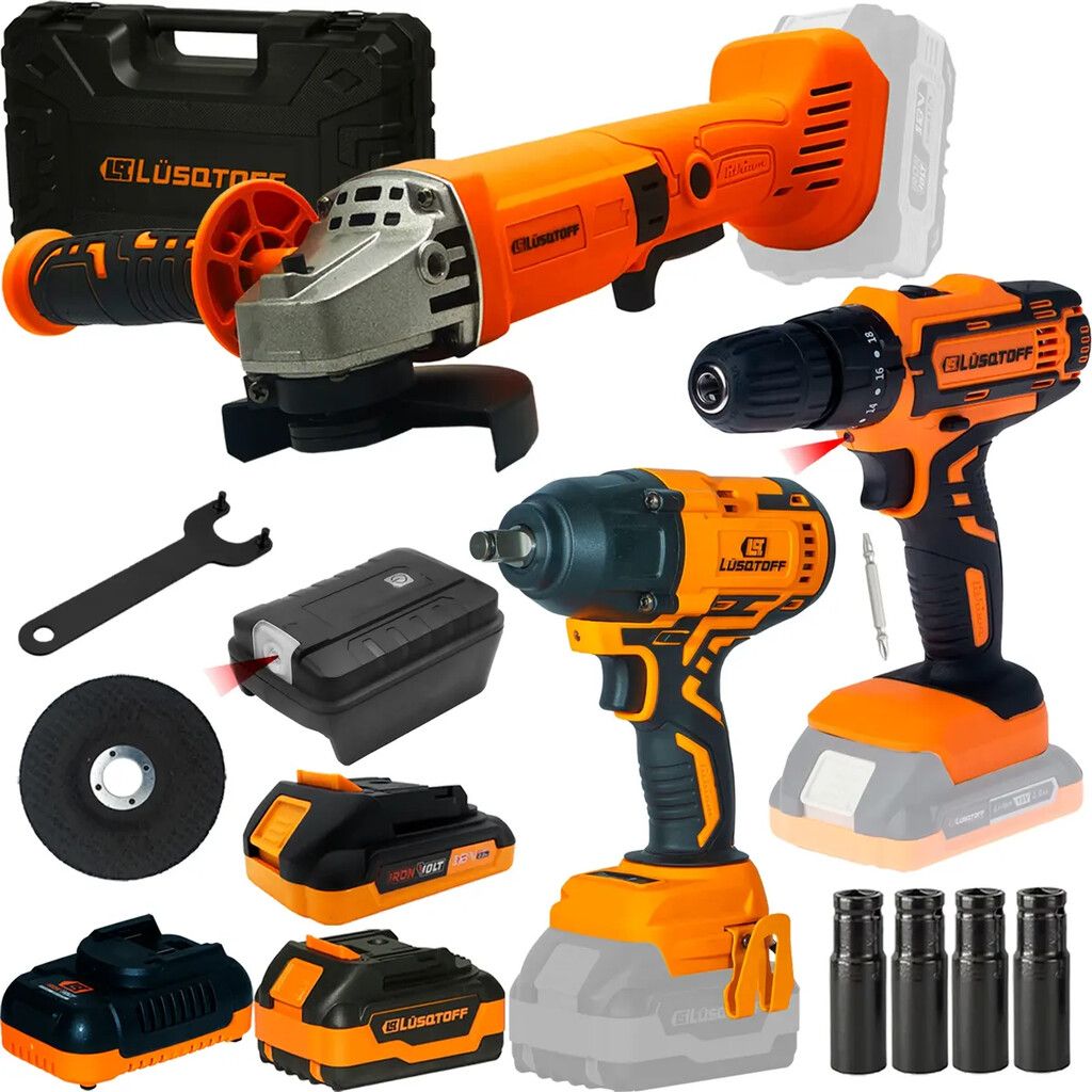Pack Racing a Bateria Amoladora Angular 115mm (AML115-8BK) + Taladro con Percutor (ATL18-8) + Llave de Impacto (LIL600-8BK) + Linterna Adaptador USB (LAUSB-8B)